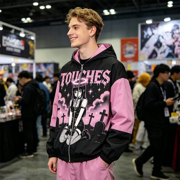 Custom Pink Gothic Graphic Color Block Windbreaker - Style 64FA54 - product detail view 6 Custom Pink Gothic Graphic Color Block Windbreaker - Style 64FA54 - product detail view 6