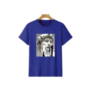 Royal blue t-shirt with a graphic print of a statue