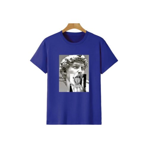 Custom Vintage Graphic Cotton T-Shirt - Style 5E35A3 Royal blue t-shirt with a graphic print of a statue