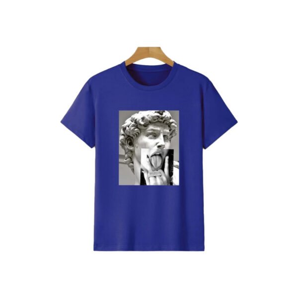 Royal blue t-shirt with a graphic print of a statue