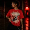Custom Red Graphic Crewneck Streetwear T-Shirt - Style 9F87EA Red graphic t-shirt with hand holding money and roses design