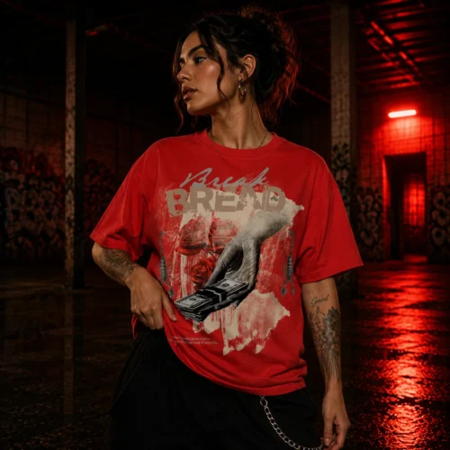 Red graphic t-shirt with hand holding money and roses design
