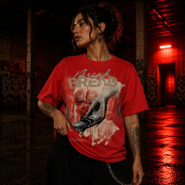 Custom Red Graphic Crewneck Streetwear T-Shirt - Style 9F87EA Red graphic t-shirt with hand holding money and roses design