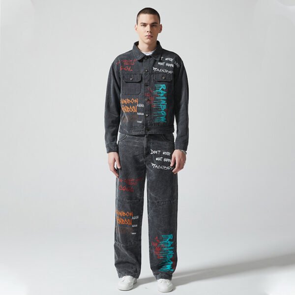 Custom Washed Graphic Denim Jacket and Jeans Set - Style 0A2596 Custom Washed Graphic Denim Jacket and Jeans Set - Style 0A2596