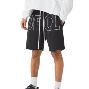 Black fleece shorts with white 'OFCL' graphic