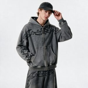Custom mineral wash full-zip hoodie with tribal graphic
