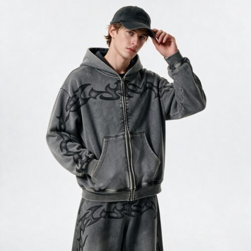 Custom Mineral-Wash Graphic Full-Zip Hoodie - Style DD1696 Custom mineral wash full-zip hoodie with tribal graphic