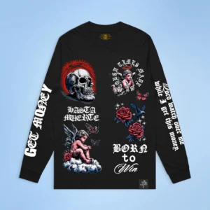 Black long-sleeve t-shirt with multiple graphic prints and text.