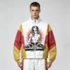 Custom Stand Collar Graphic Patchwork Jacket - Style 907D56 Man wearing a custom stand collar graphic patchwork jacket with a DJ design