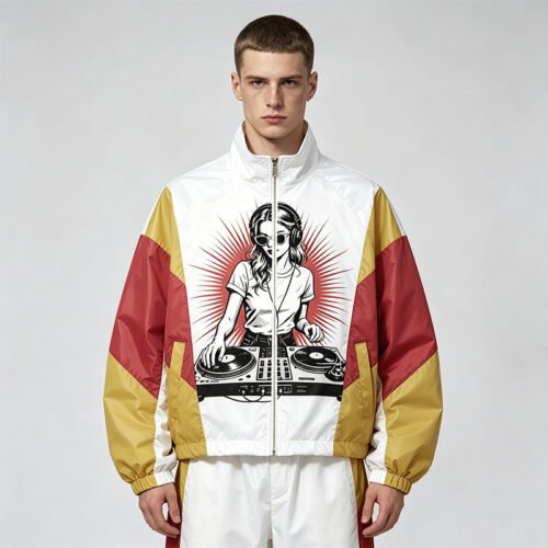 Man wearing a custom stand collar graphic patchwork jacket with a DJ design