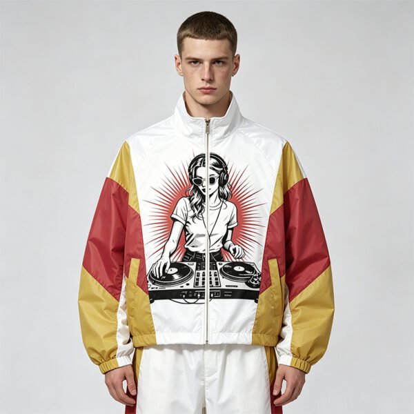 Custom Stand Collar Graphic Patchwork Jacket - Style 907D56 Man wearing a custom stand collar graphic patchwork jacket with a DJ design