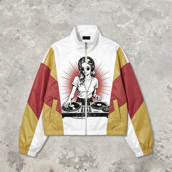 Custom Stand Collar Graphic Patchwork Jacket - Style 907D56 - product detail view 9 Custom Stand Collar Graphic Patchwork Jacket - Style 907D56 - product detail view 9
