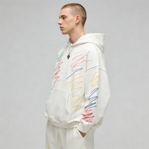 Off-white hoodie with colorful hand-drawn line graphics