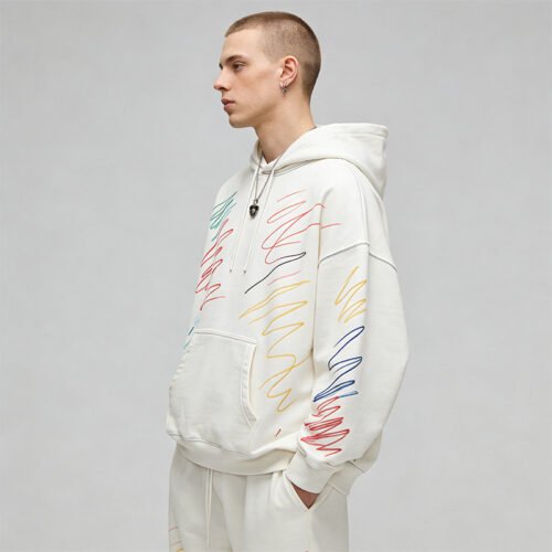 Off-white hoodie with colorful hand-drawn line graphics