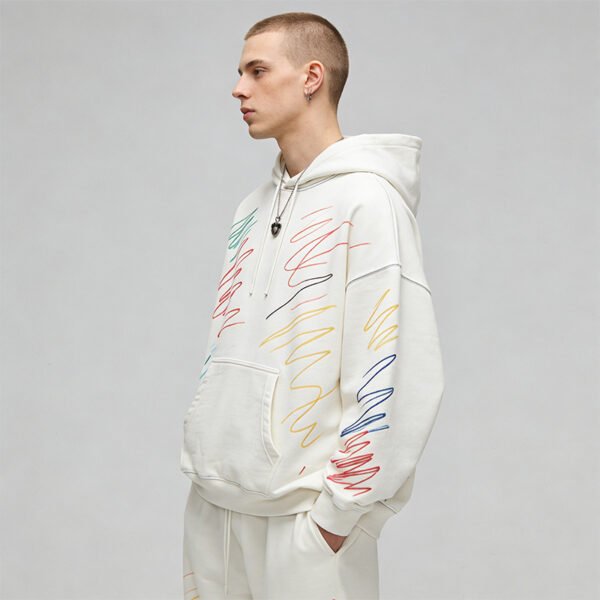 Off-white hoodie with colorful hand-drawn line graphics
