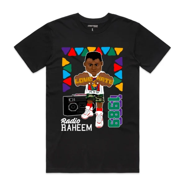Custom Graphic Streetwear T-Shirt With Planned Fabric Width - Style 0B33F4 Black graphic t-shirt with character, boombox, and text.