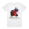 Custom Graphic Cotton Jersey T-Shirt - Style 0A0557 White graphic t-shirt with money, cup, roses, and text.