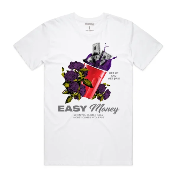 Custom Graphic Cotton Jersey T-Shirt - Style 0A0557 White graphic t-shirt with money, cup, roses, and text.