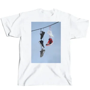 White crew-neck t-shirt with graphic of sneakers hanging on a wire