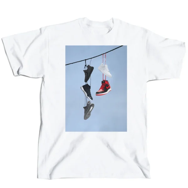 Custom Sneaker Graphic Short-Sleeve T-Shirt - Style 1E55C6 White crew-neck t-shirt with graphic of sneakers hanging on a wire