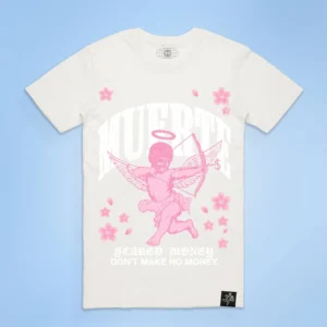 White t-shirt with cherub graphic and text