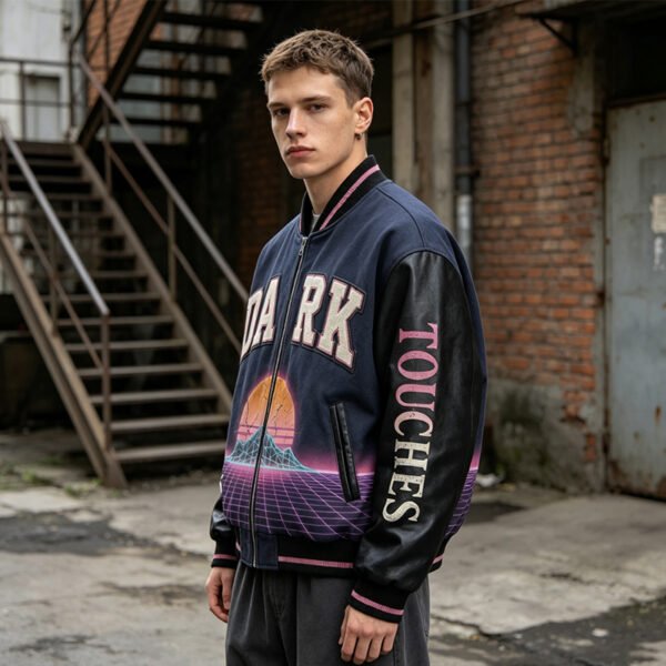 Custom Graphic Applique Varsity Bomber Jacket - Style 814F22 - product detail view 2 Custom Graphic Applique Varsity Bomber Jacket - Style 814F22 - product detail view 2