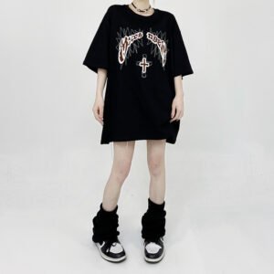 Black oversized t-shirt with a white rib cage graphic and a red cross.