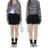 Custom Women's Gray Tie-Dye Crop Zip Cardigan - Style 2E27A3 Woman wearing a gray tie-dye cropped zip cardigan