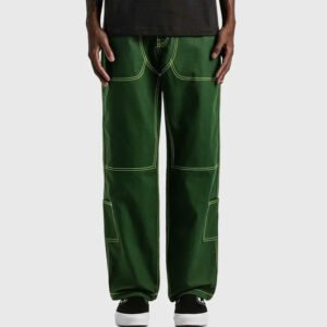 Oversized green cargo denim pants with contrast stitching