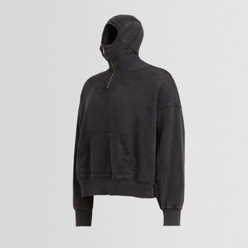 Dark gray acid wash zip-up hoodie with unique collar