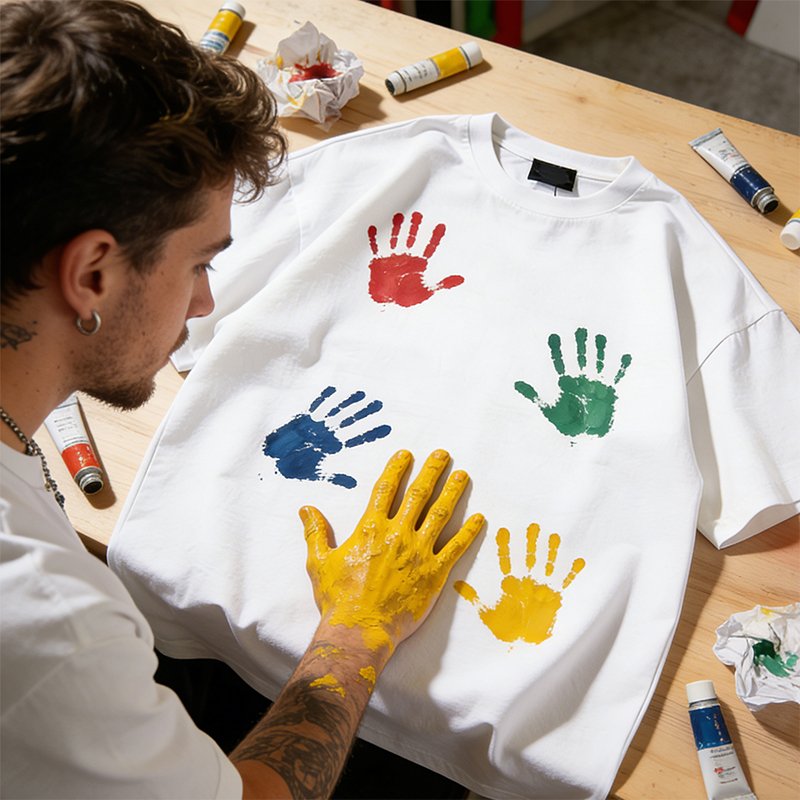 White oversized t-shirt with multicolor handprint graphics.