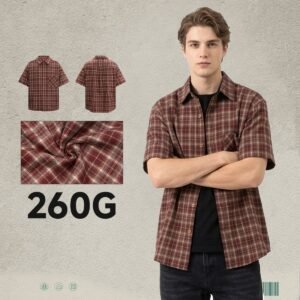 Men's plaid short-sleeve overshirt in red and beige