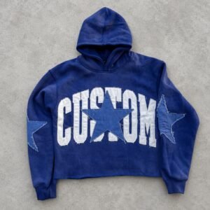 Blue washed cropped hoodie with custom star applique