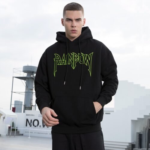 Custom Heavyweight Embossed Graphic Pullover Hoodie - Style 53CC9B Man wearing a black heavyweight hoodie with a neon green graphic