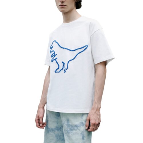 Custom Heavyweight Fuzzy Embroidered Dinosaur T-Shirt - Style 467DF9 White t-shirt with a fuzzy embroidered blue dinosaur graphic