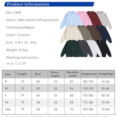Custom Heavyweight Oversized Terry Sweatshirt 2368 - Style C2F2CC Product information for a custom heavy terry oversized sweatshirt with size and fabric details.