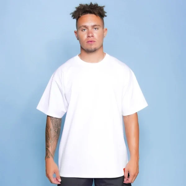 Plain white heavyweight cotton t-shirt on a model