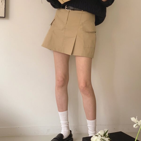 Tan high-waist utility twill mini skirt with pockets
