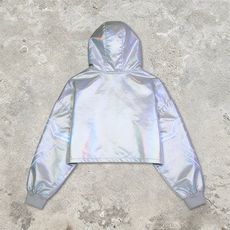 Back view of a cropped holographic reflective pullover hoodie.