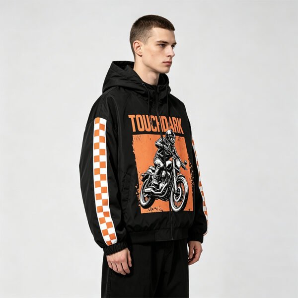 Custom Hooded Graphic Checker-Sleeve Windbreaker - Style 71CBD5 - product detail view 7 Custom Hooded Graphic Checker-Sleeve Windbreaker - Style 71CBD5 - product detail view 7