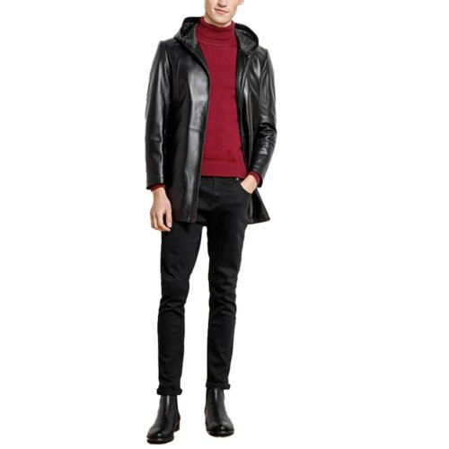 Man wearing a black leather-look hooded jacket over a red turtleneck