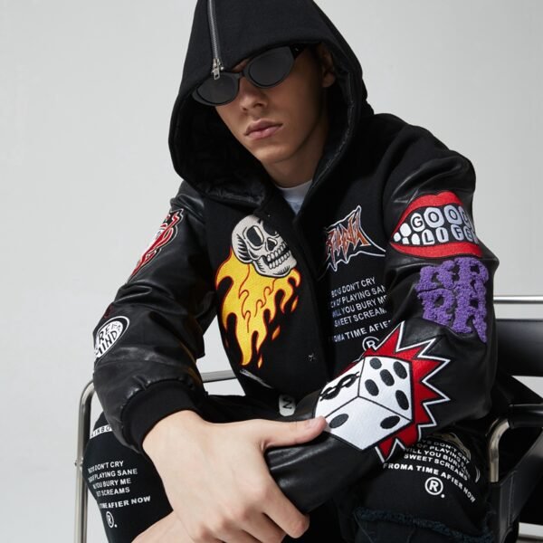 Custom Hooded Patchwork Varsity Jacket - Style F4D7D0 - product detail view 2 Custom Hooded Patchwork Varsity Jacket - Style F4D7D0 - product detail view 2