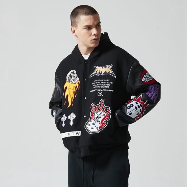 Custom Hooded Patchwork Varsity Jacket - Style F4D7D0 - product detail view 7 Custom Hooded Patchwork Varsity Jacket - Style F4D7D0 - product detail view 7