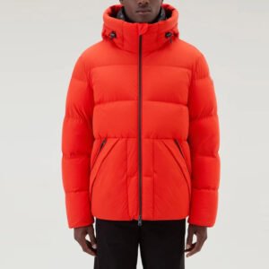 Men's orange quilted puffer jacket with hood and zipper
