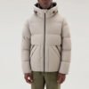 Custom Hooded Quilted Puffer Jacket - Style 27292D Beige hooded puffer jacket with zipper closure