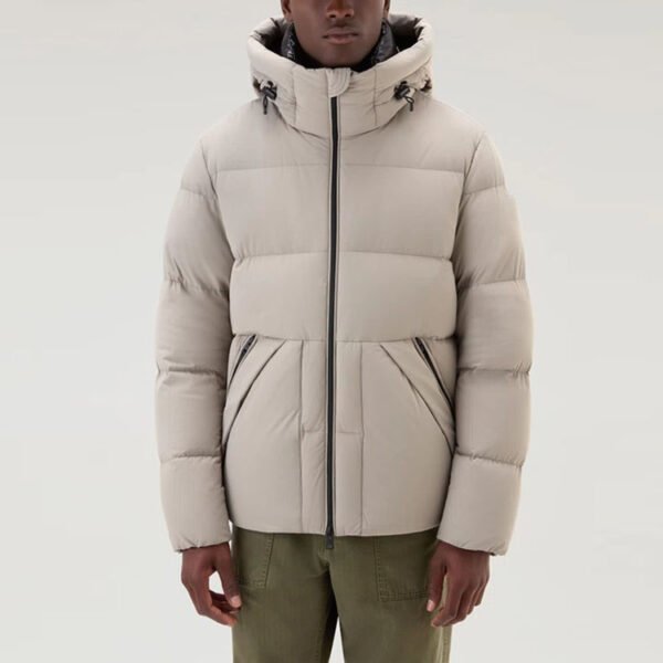 Custom Hooded Quilted Puffer Jacket - Style 27292D Beige hooded puffer jacket with zipper closure