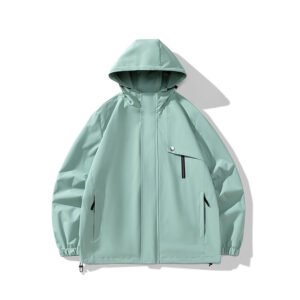 Lightweight mint green hooded jacket with zipper and patch pockets