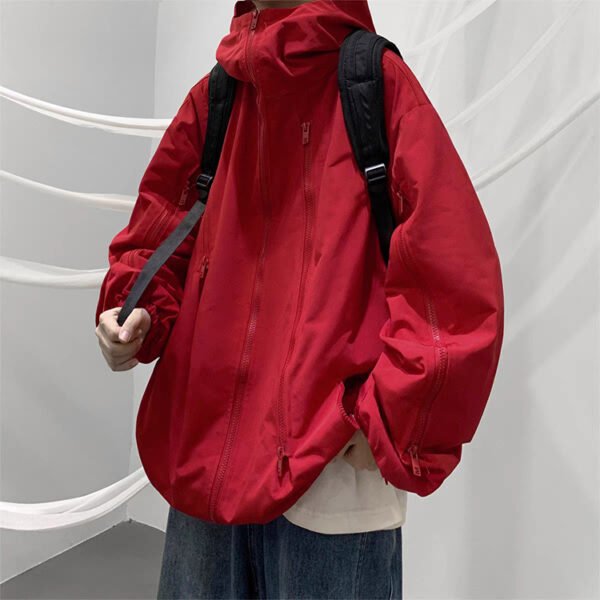 Custom Hooded Utility Windbreaker Jacket - Style 650ACA Men's red hooded nylon windbreaker jacket with utility pockets and zipper closure.