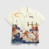 Custom Illustrated Camp Collar Short-Sleeve Shirt - Style 123FBA Light yellow short-sleeve camp collar shirt with an illustrated beach scene.
