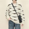 Custom Irregular Stripe Crewneck Knit Sweater - Style BCE0C4 Beige and brown wavy stripe knit crewneck sweater